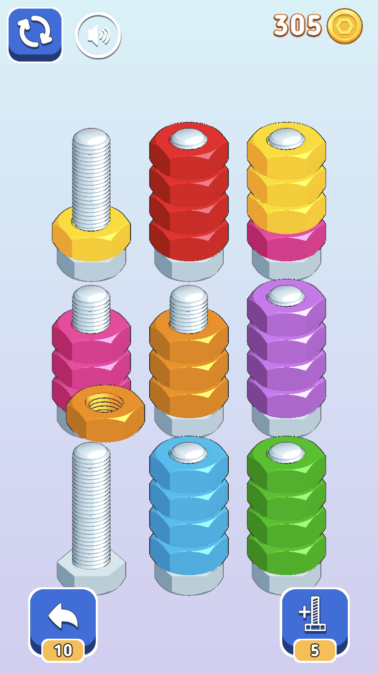 Nuts Sort Puzzle later board with more nut colors and limited empty space