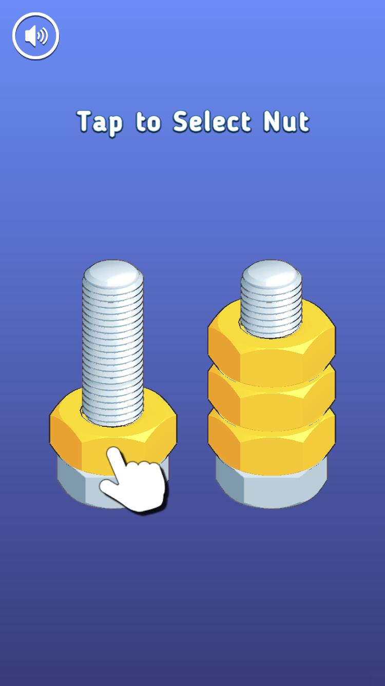 Nuts Sort Puzzle tutorial reading Tap to Select Nut above 3D colored nuts stacked on bolts