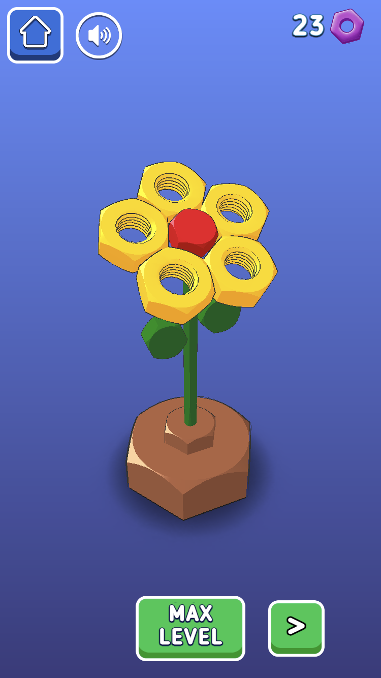 Nuts Sort Puzzle screw collection forming a decorative flower sculpture with max-level progress