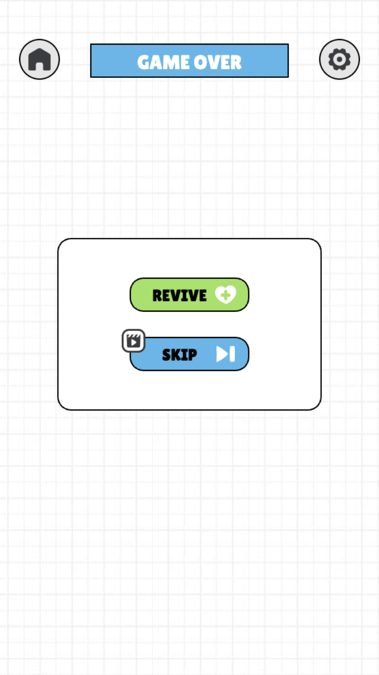 One Line Draw Game Over screen with ad-based Revive and Skip choices