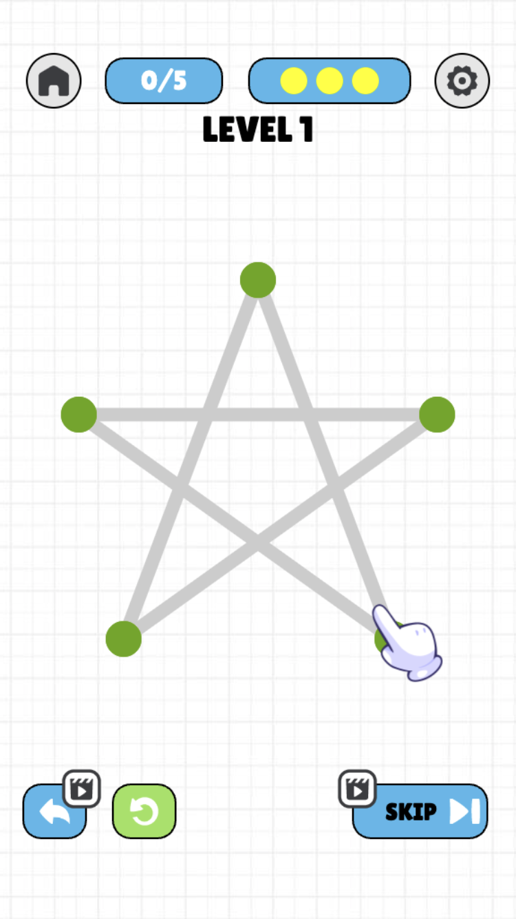 One Line Draw Level 1 with a five-point star, five green points, three energy, undo, retry, and skip controls