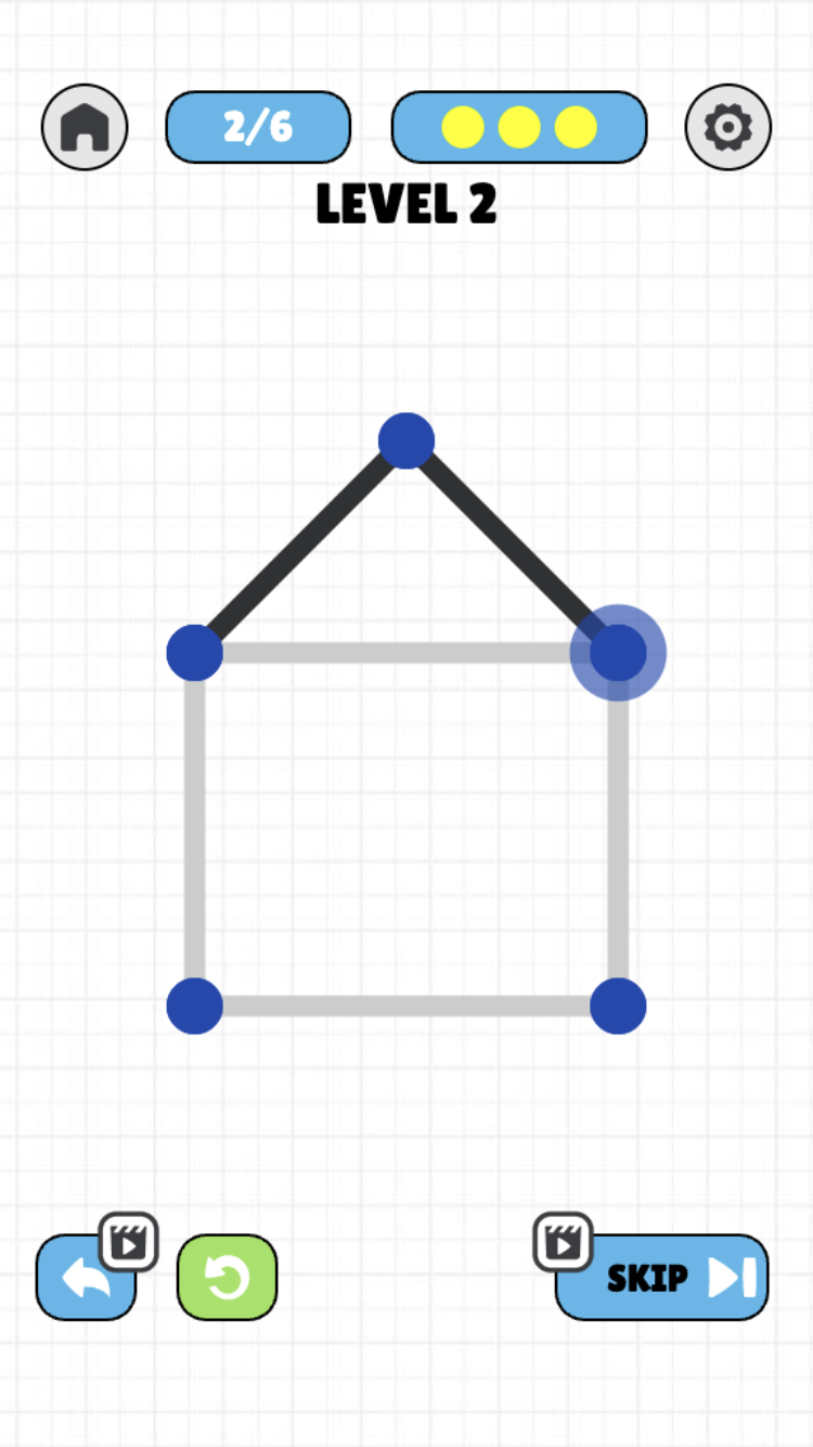 One Line Draw Level 2 house shape with two of six segments traced in black