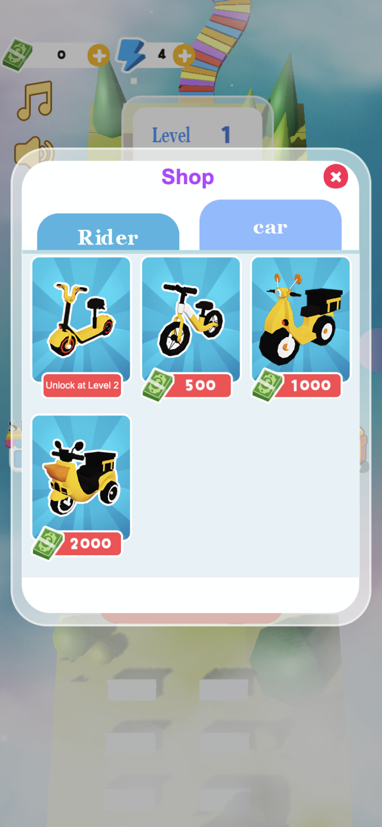 Package Runner car shop with bicycle, delivery scooter, and cargo motorcycle options