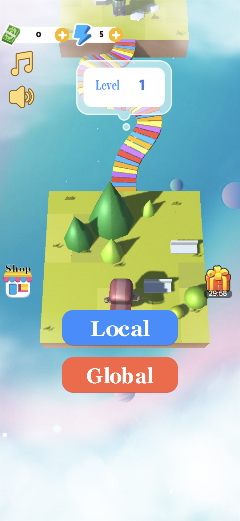 Package Runner home screen with money, five energy, Shop, Level 1, Local and Global options, and a daily gift