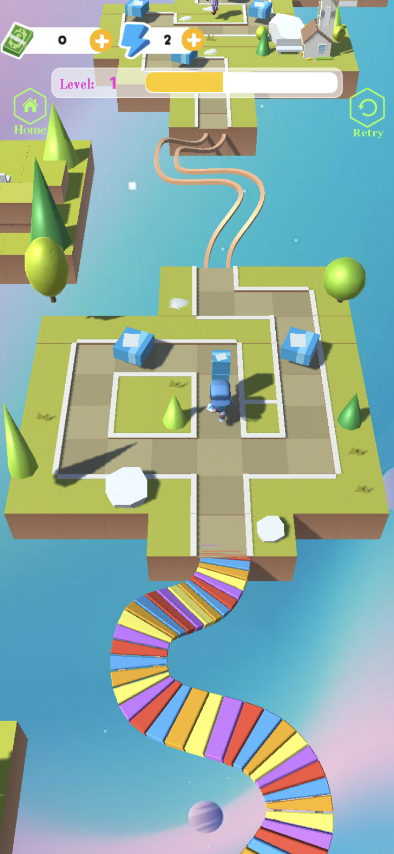 Package Runner Level 1 with a courier on a floating parcel maze above a rainbow bridge