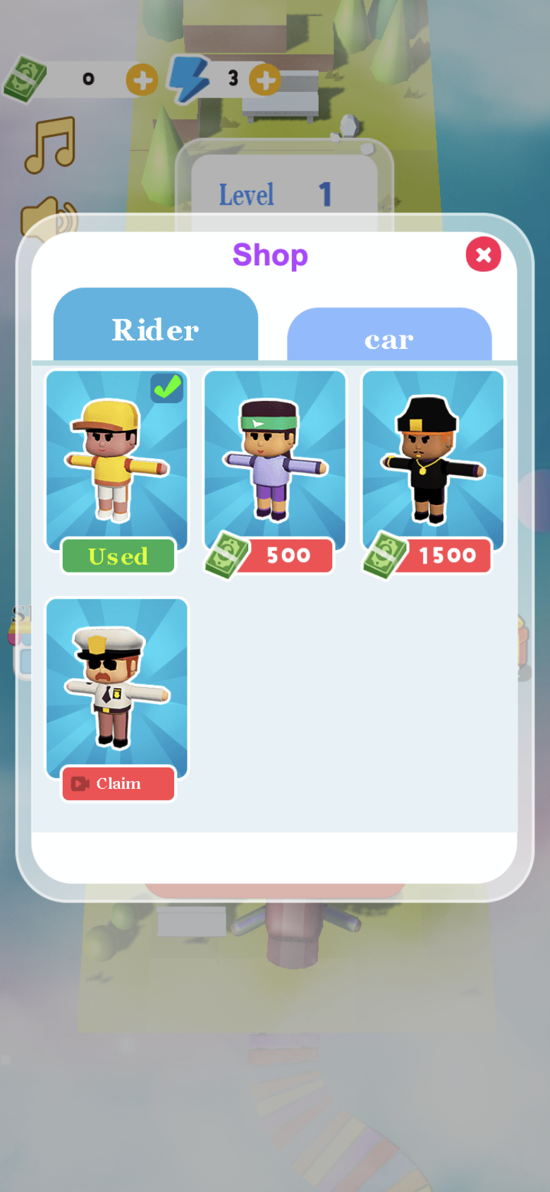 Package Runner Rider shop with courier appearances priced at 500 and 1500 or unlocked by ads