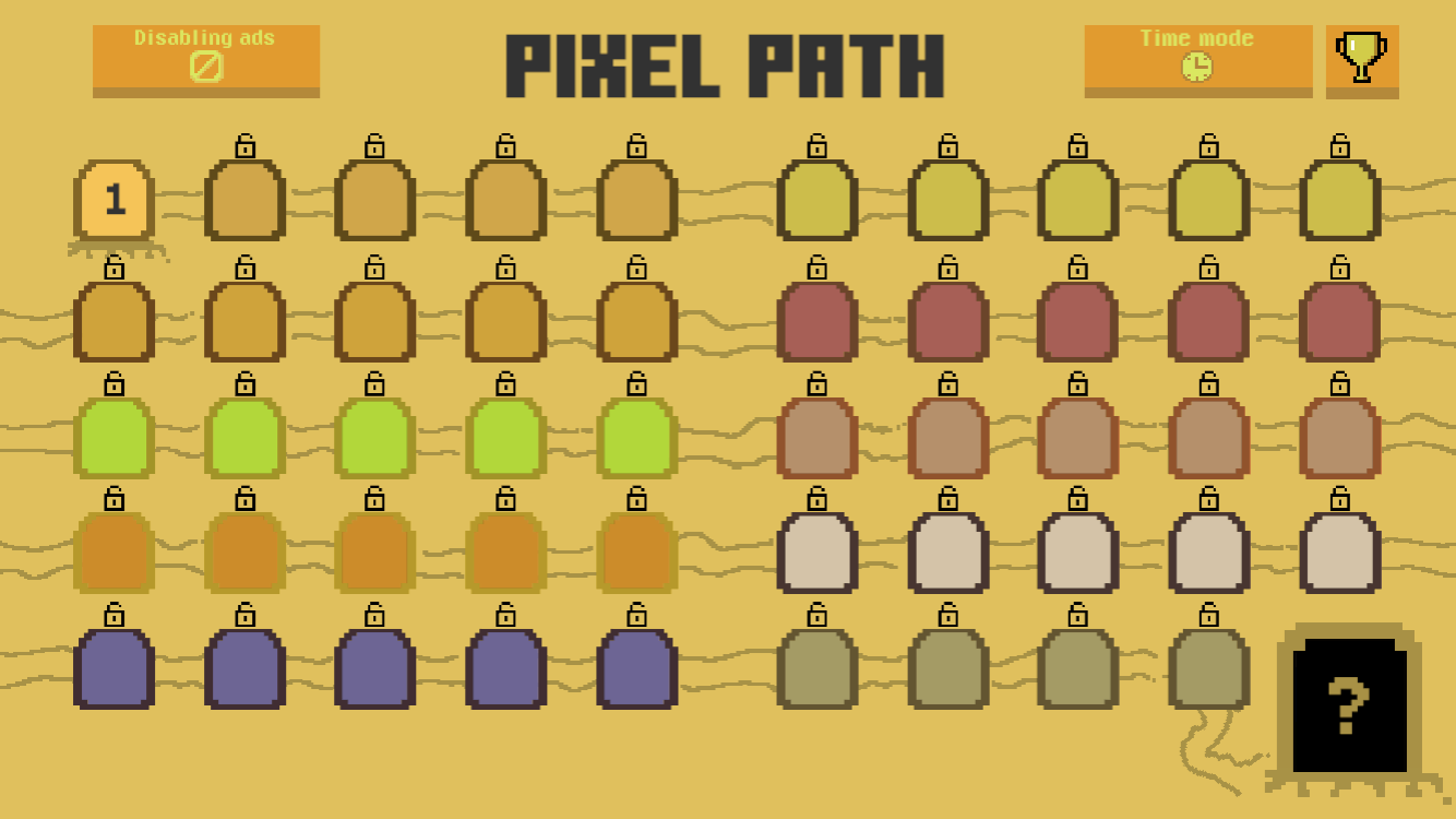 Pixel Path bottle-shaped level selection board with Levels 1 through 8 and trophy controls