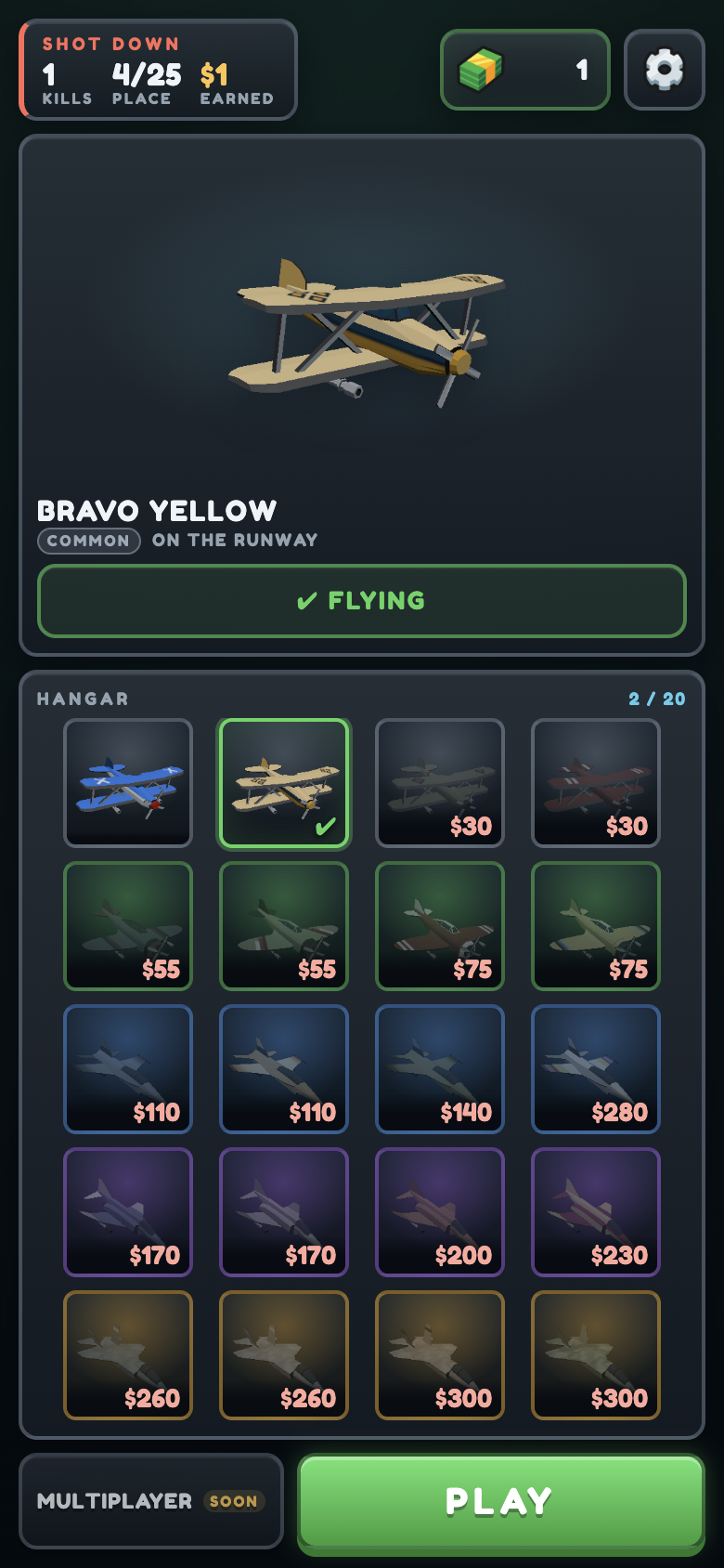Plane Wars HANGAR showing two of twenty planes, the selected Bravo Yellow, and aircraft prices