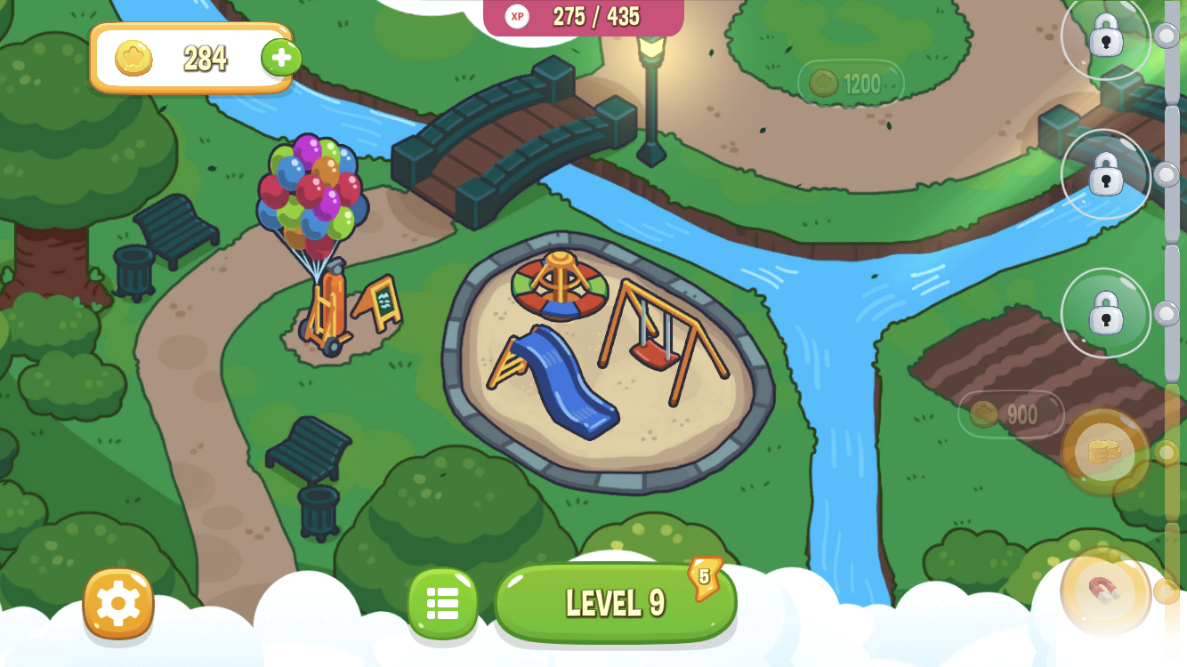 Rescue The Fish city map with park, bridge, trees, 284 coins, Level 9, XP progress, and locked areas