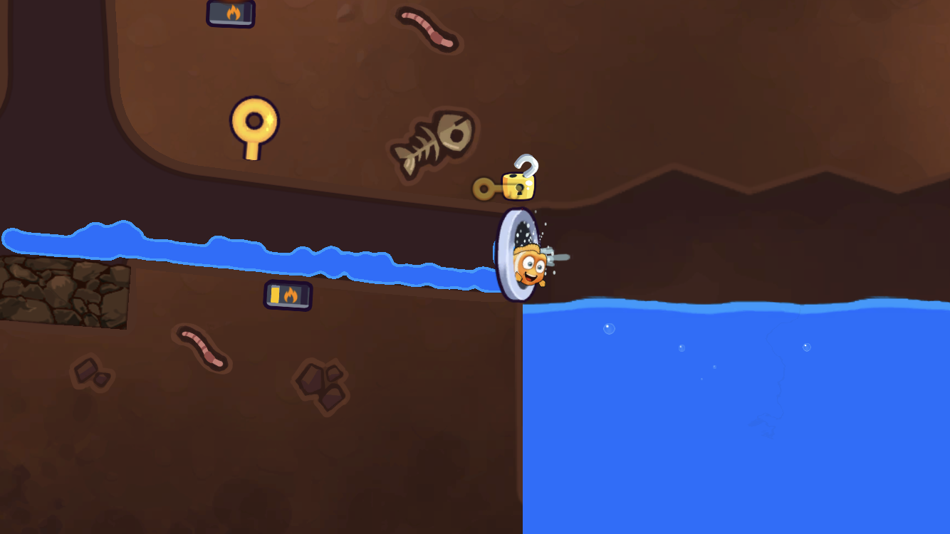 Rescue The Fish level with flowing water, an orange fish, yellow plugs, a key, and padlock mechanism