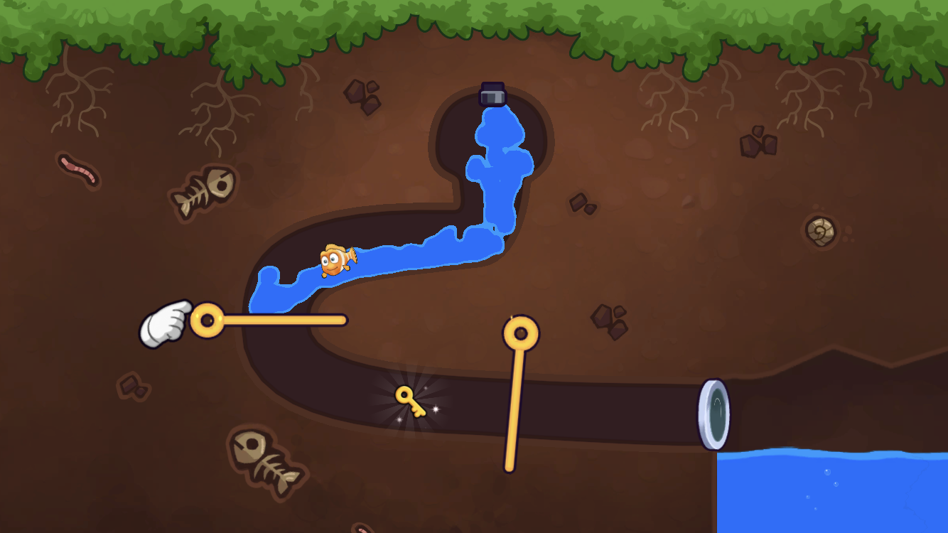 Rescue The Fish landscape puzzle with blue water, an orange fish, underground pipes, a yellow gate, and key mechanism