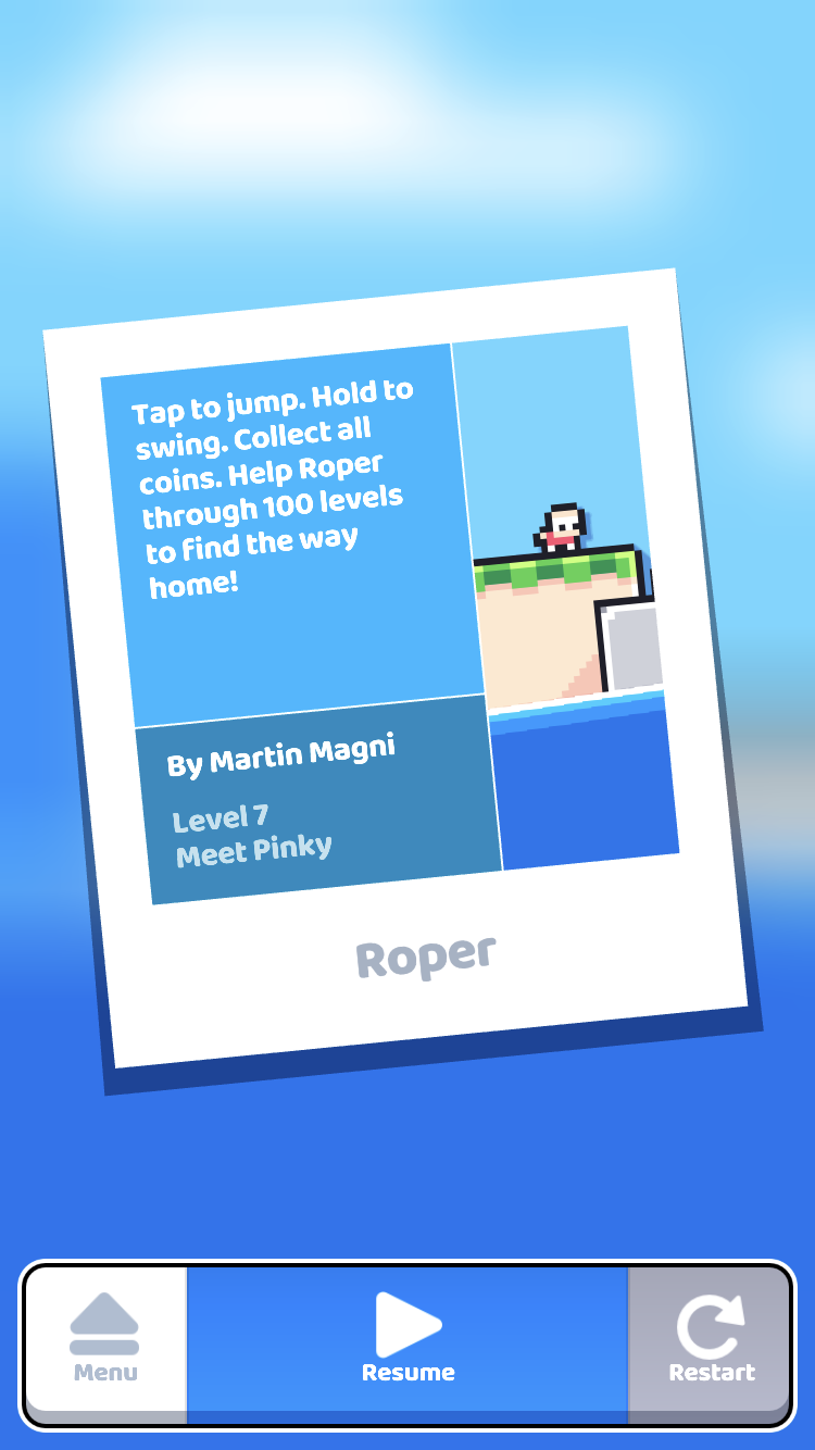 Roper pause screen explaining tap to jump hold to swing collect all coins and 100 levels