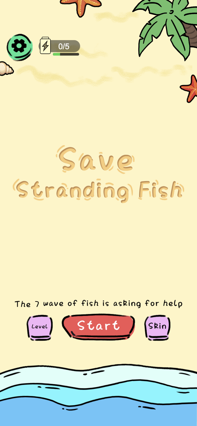 Save Stranding Fish home screen with energy, Start, Level, and Skin controls above a fish rescue preview