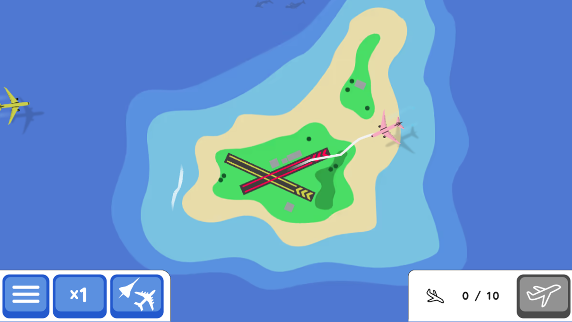 Silly Sky pink aircraft following a curved white route toward the matching pink runway while another plane approaches