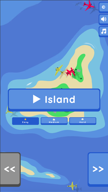 Silly Sky portrait Island menu with Easy Medium and Hard difficulty buttons and aircraft flying around the island