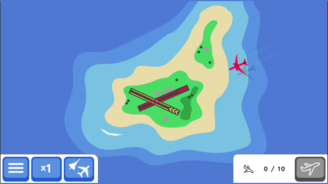 Silly Sky landscape view of an island airport with crossing colored runways, an incoming red plane, and a zero of ten landing counter