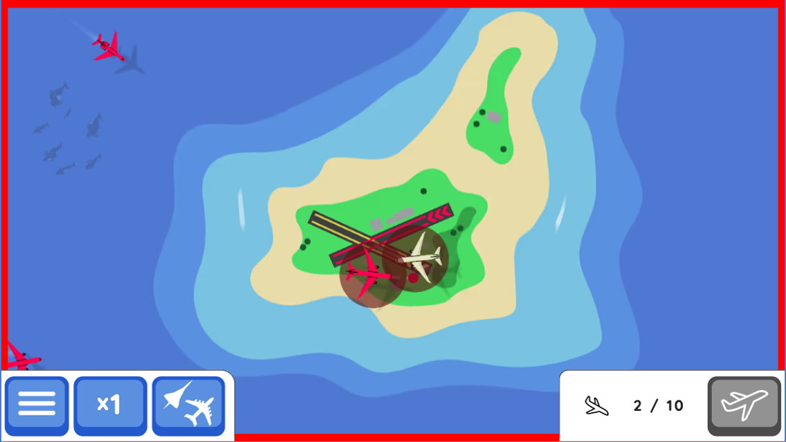 Silly Sky aircraft collision above the crossing runways with a red warning border and two of ten landing counter
