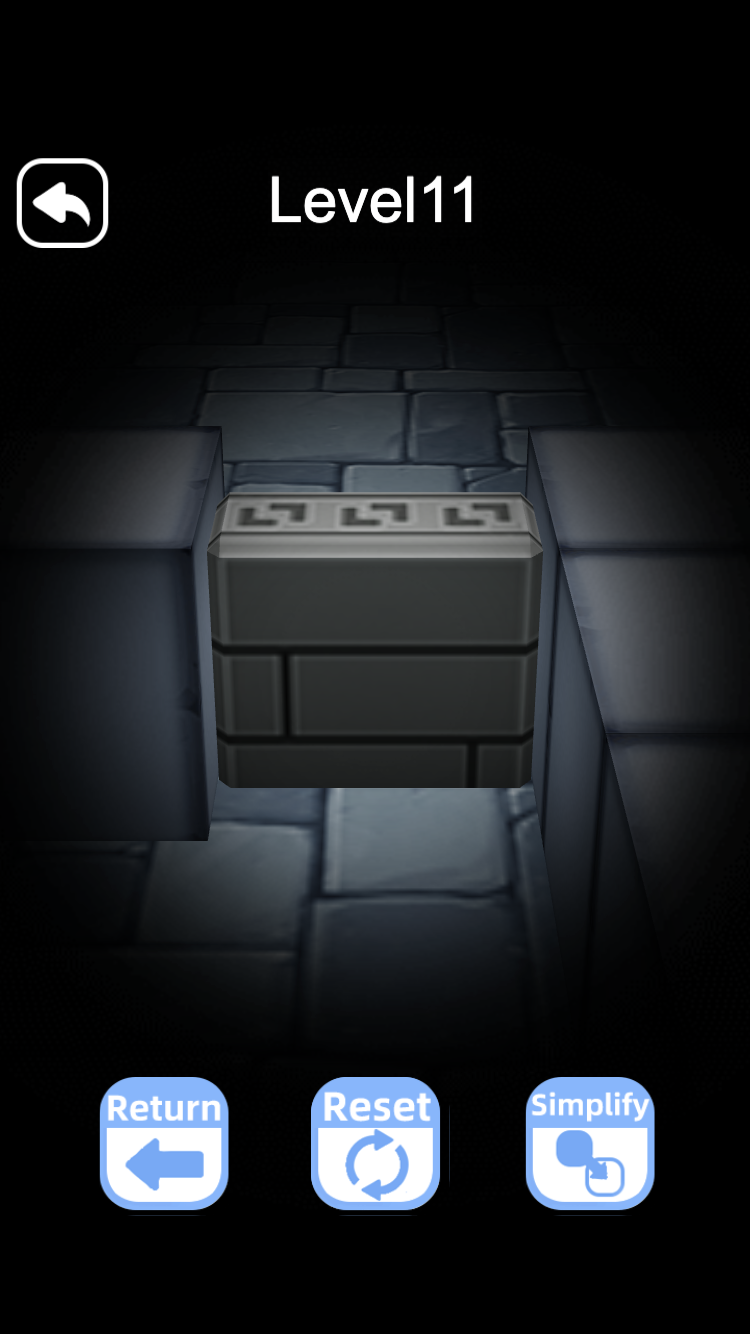 Sokoban Escape Level 11 brick corridor with crate and Return Reset Simplify buttons