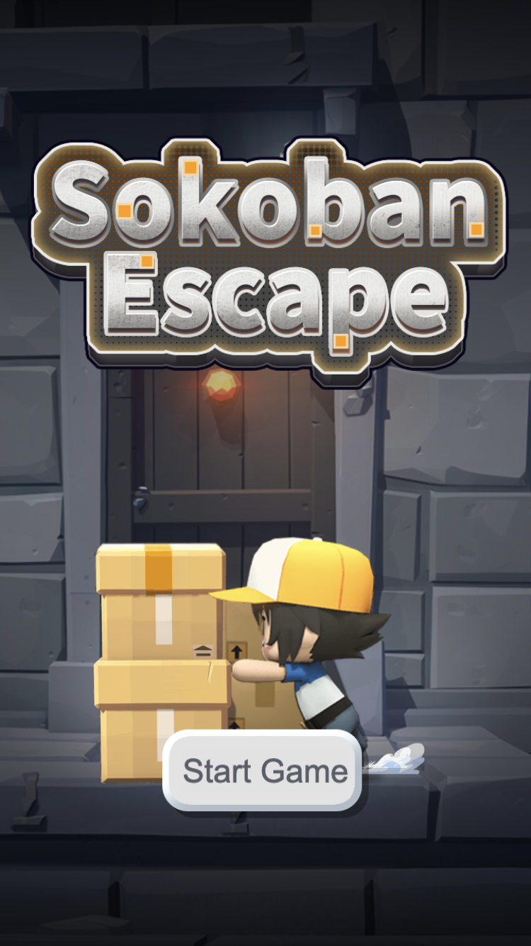 Sokoban Escape title screen with 3D boy, crate, brick room, wooden door, and Start Game button