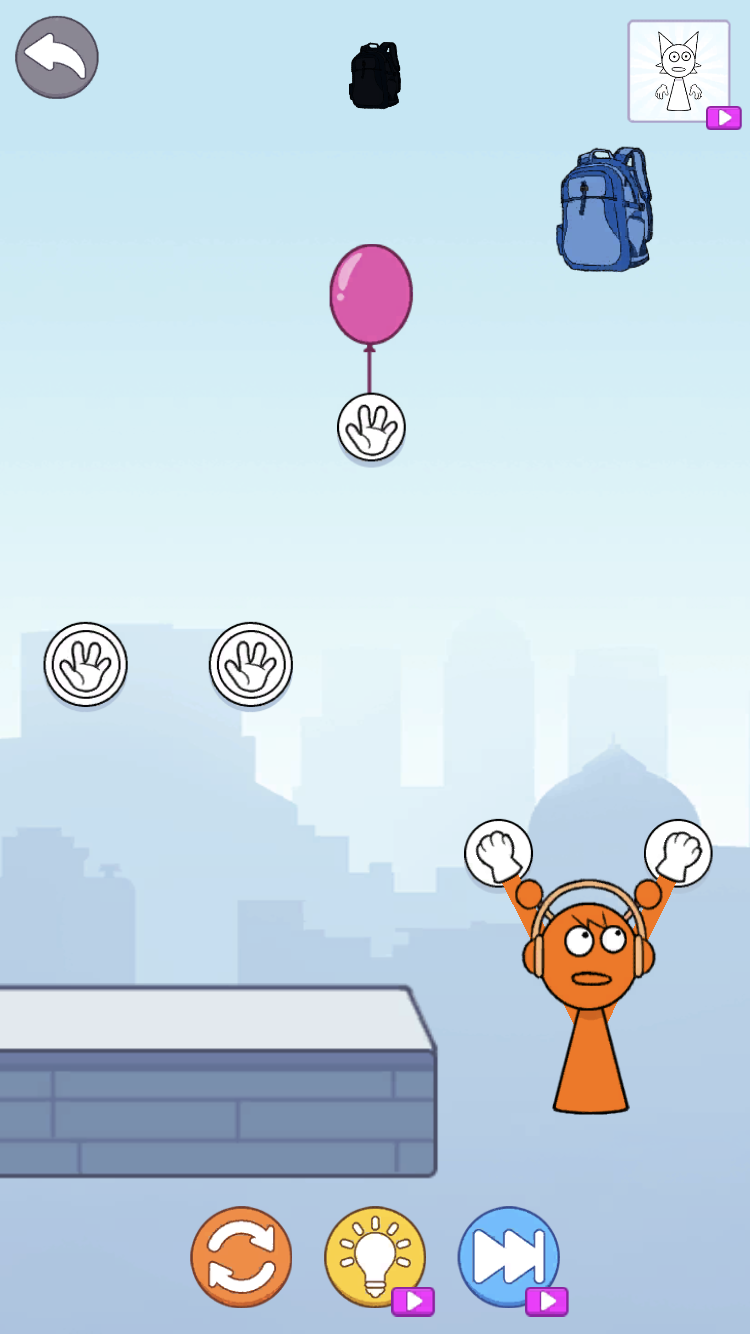 Sprunki Incredibox Long Hand puzzle with extended hands reaching a pink balloon and backpack in a city scene