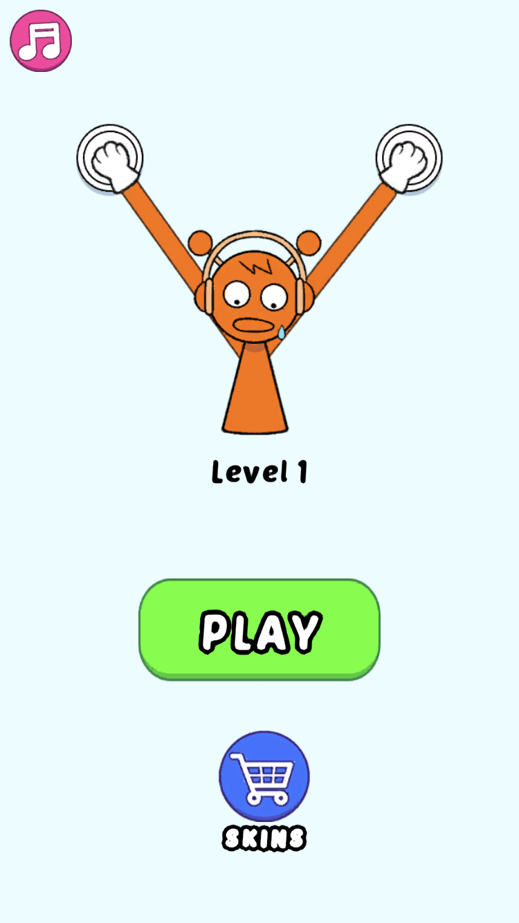 Sprunki Incredibox Long Hand home screen with the orange long-arm character, Level 1, Play, and Skins controls