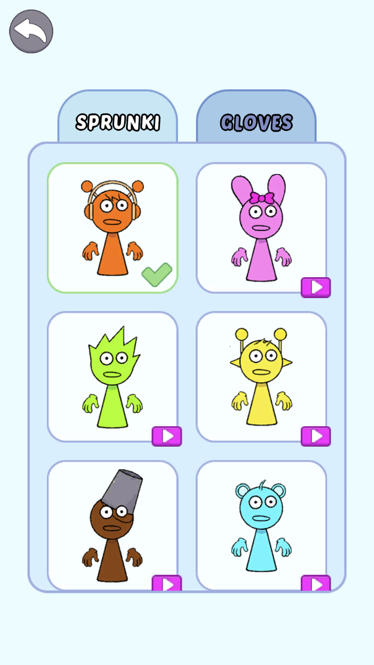 Sprunki Incredibox Long Hand Skins shop with SPRUNKI and GLOVES tabs and several character colors