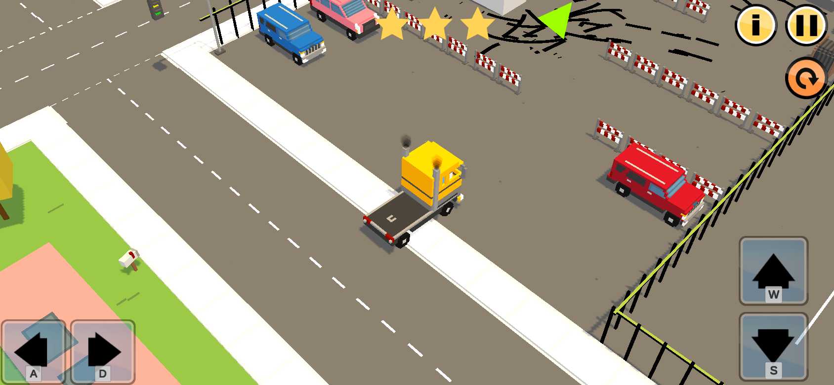 Super Crew yellow flatbed truck driving through a 3D street with star goals, a green route arrow, cars, and keyboard controls
