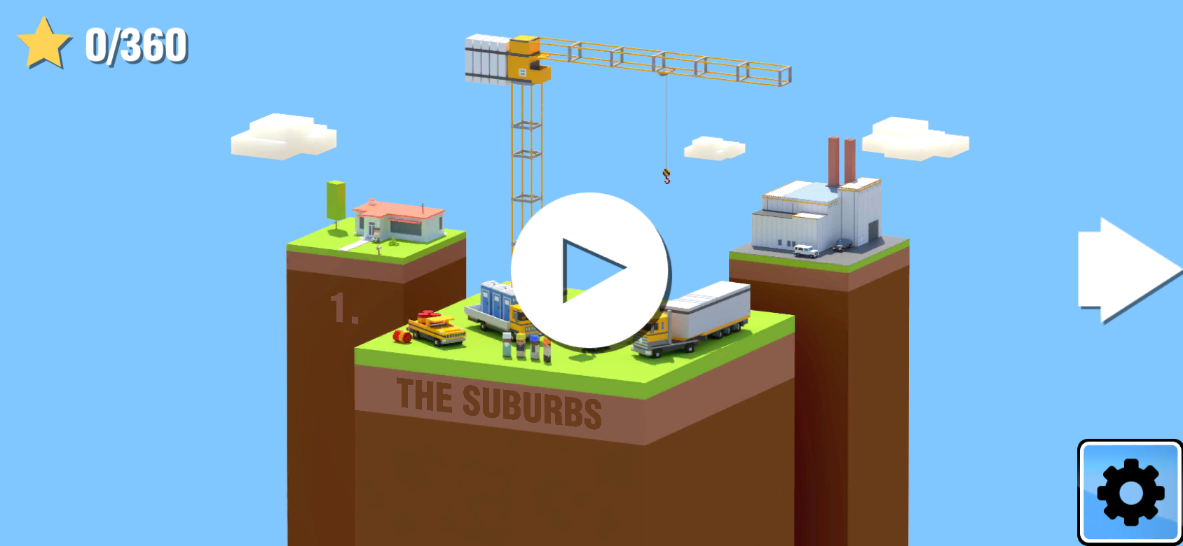 Super Crew landscape level selection for The Suburbs with a crane, truck, character, and zero of 360 stars