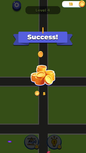 Traffic Escape success screen showing a stack of coins and a five-coin reward