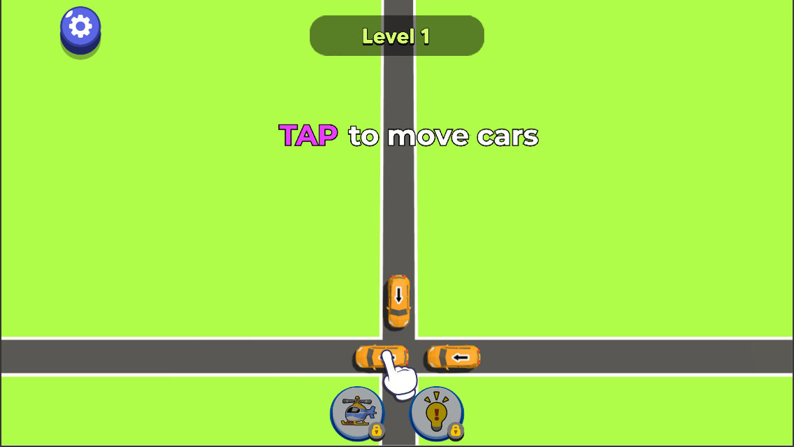 Traffic Escape landscape tutorial showing three yellow cars with direction arrows at a road junction