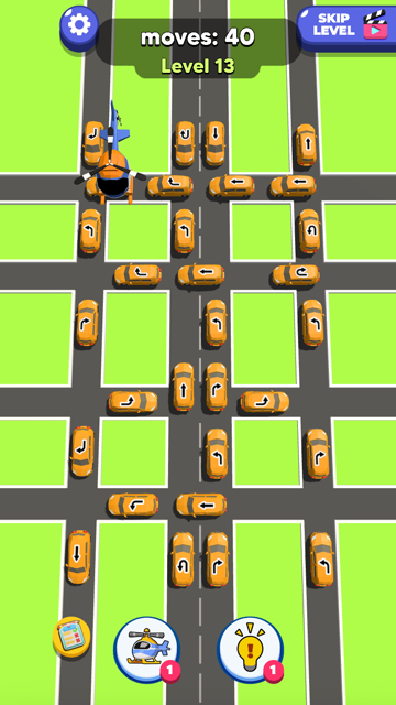 Traffic Escape helicopter lifting a selected yellow car away from the Level 13 road grid