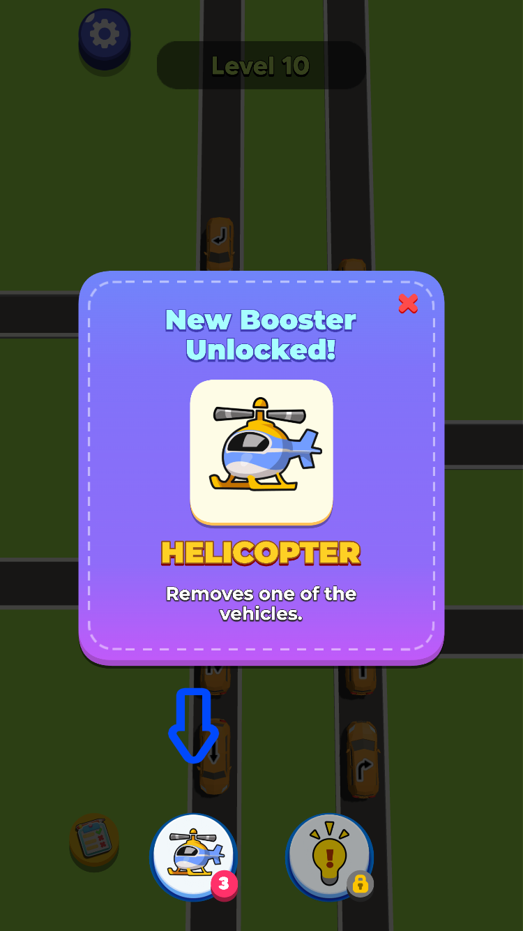 Traffic Escape Level 10 Helicopter booster unlock panel above a dense road grid, pointing to the helicopter button.