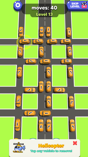 Traffic Escape Level 13 helicopter tool panel prompting the player to select a vehicle