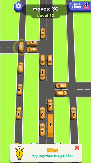 Traffic Escape Level 12 hint panel with the recommended yellow car glowing on the road