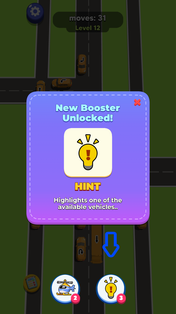 Traffic Escape Level 12 Hint booster unlock panel above the road grid, with an arrow pointing to the Hint button.