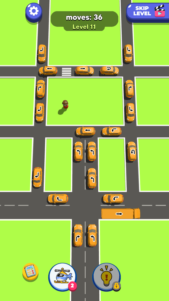 Traffic Escape Level 11 with many orange arrow-marked cars and a striped crossing at the upper intersection.
