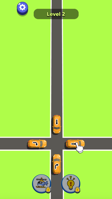 Traffic Escape portrait Level 2 board with four arrow-marked cars waiting at an intersection