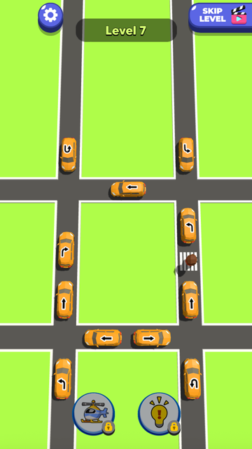 Traffic Escape Level 7 road network with a pedestrian crossing between arrow-marked cars