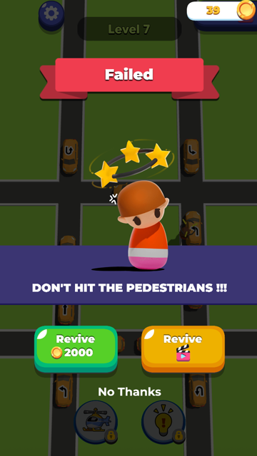 Traffic Escape failed screen warning not to hit pedestrians