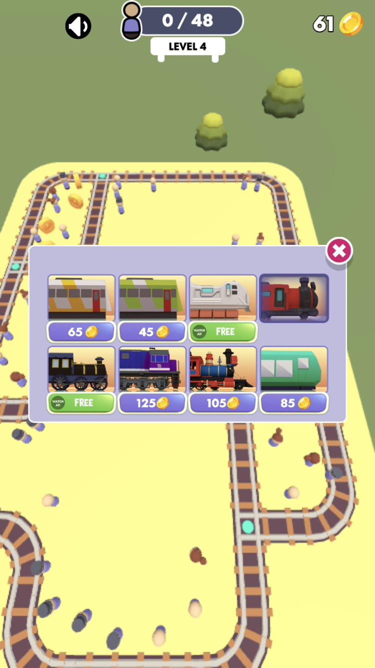 Train Master TRAINS panel with engine and carriage designs priced from 45 to 125 coins or unlocked by ads