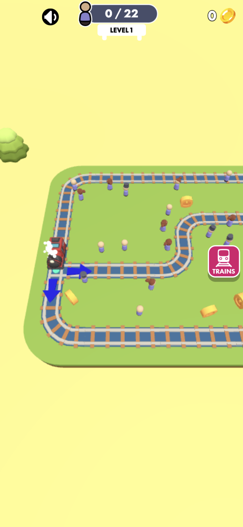 Train Master Level 1 with a red train, blue direction switch, zero of 22 passengers, and TRAINS button