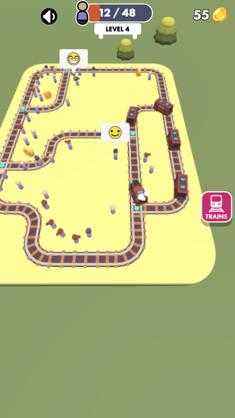 Train Master Level 4 with red and cyan trains sharing tracks and 12 of 48 passengers collected