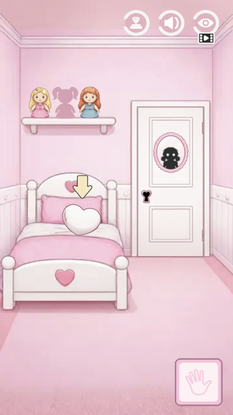 Trapped In The Dollhouse pink bedroom with heart-shaped bed, dolls, dark doorway silhouette, keyhole, and hand cursor
