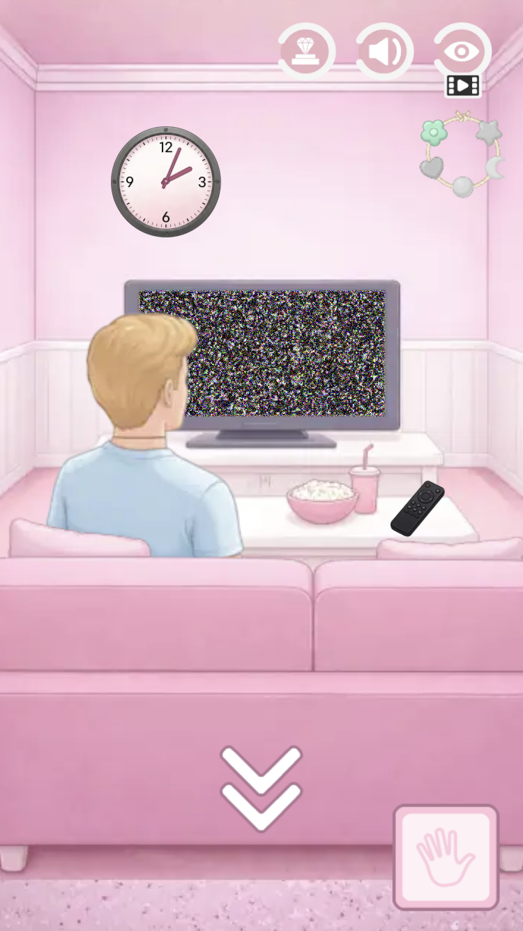Trapped In The Dollhouse living room with a child watching television static, clock, popcorn, and hanging decorations