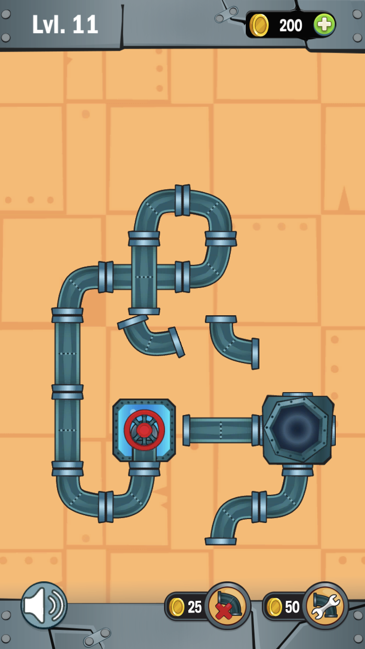 Water Pipes Level 11 with disconnected pipe sections between a pump and hexagonal outlet plus 200 coins