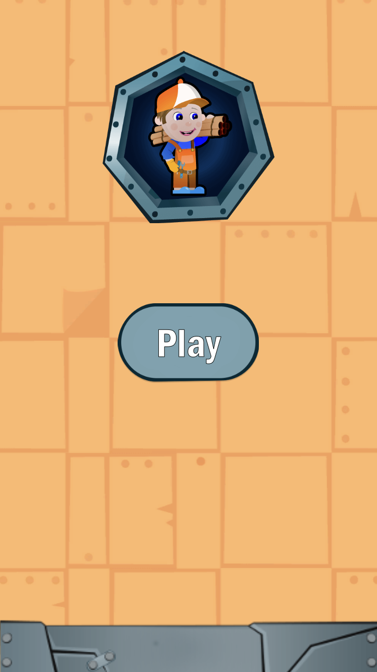 Water Pipes home screen with a hexagonal plumber badge, Play button, and orange brick background