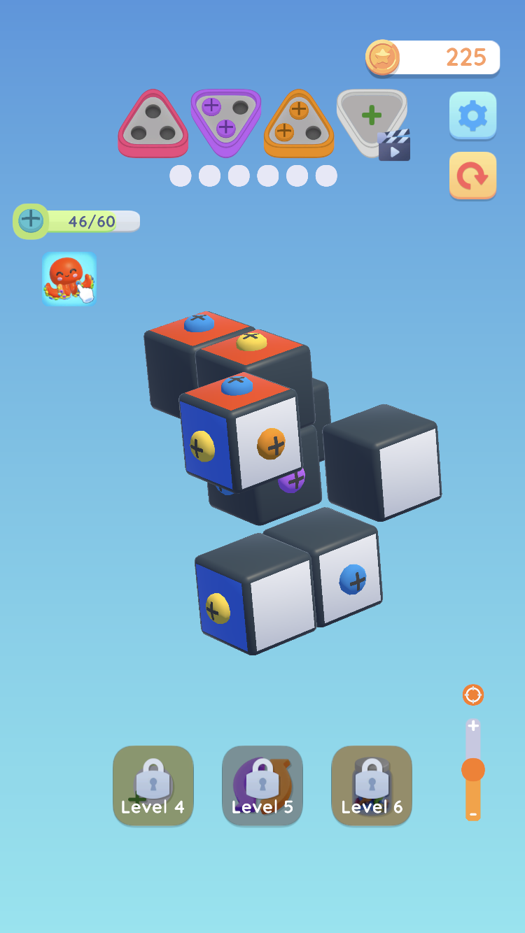 World Of Screw 3D block with blue yellow and purple screws, triangular trays, 46 of 60 progress, and 225 coins