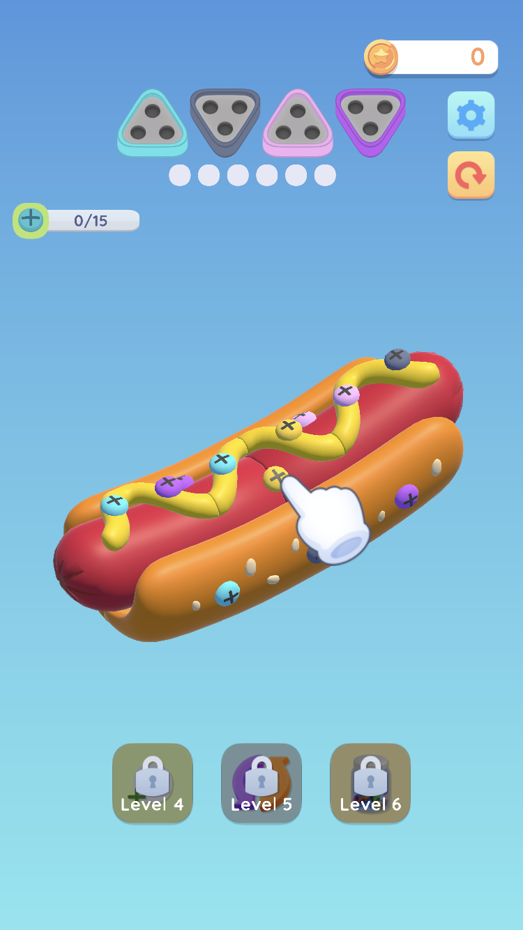 World Of Screw hot dog model fixed with colored screws below triangular trays and 0 of 15 progress